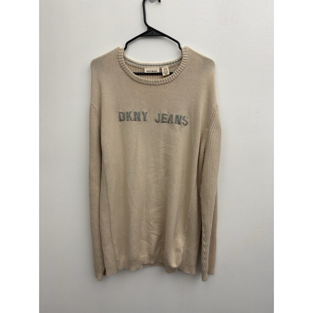Vintage DKNY Jeans Ribbed Knit Sweater Mens XXL Beige Spellout Logo 90s Y2K